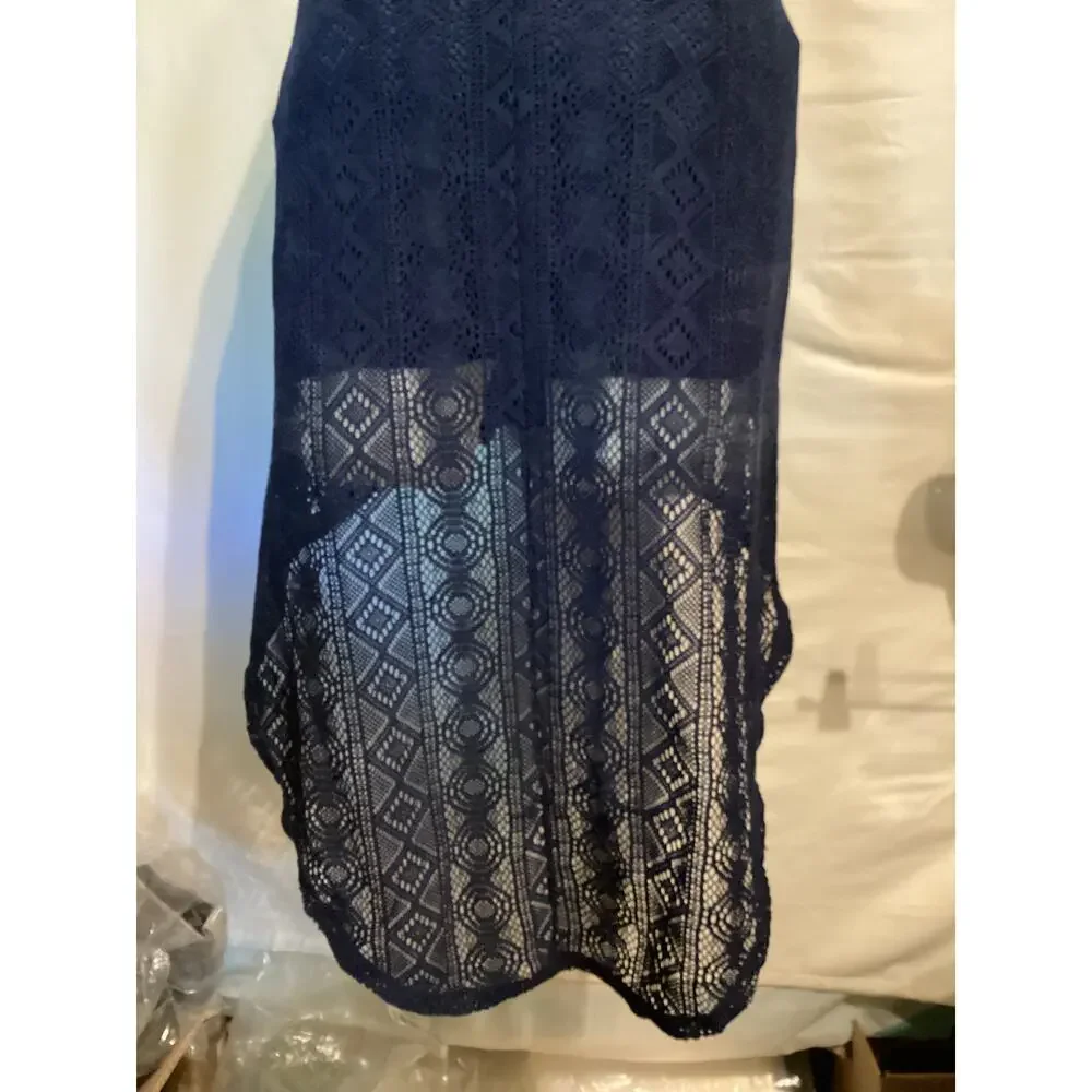 1142 Bailey Blue Strapless Open Bow Back Lace Maxi High Low Small Navy Blue